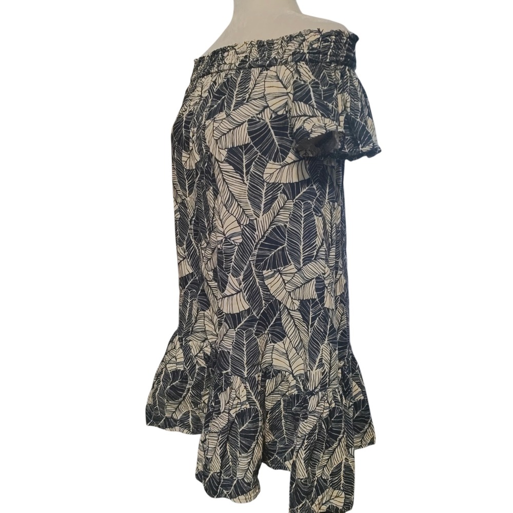 Marine Layer Shirley Navy Blue White Palm Leaf Off Shoulder Ruffle Mini Dress M - Picture 5 of 16